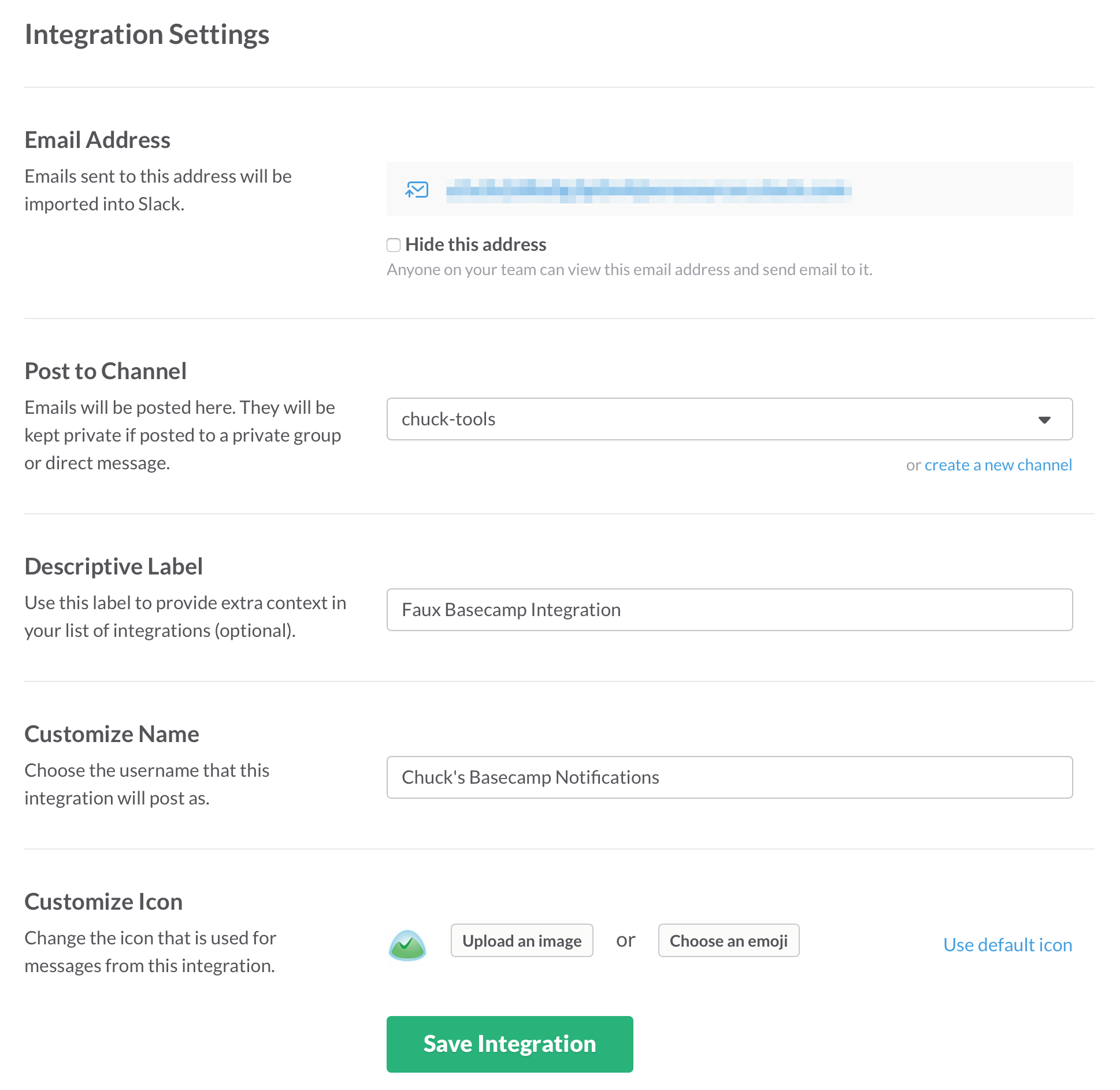 Slack email integration settings